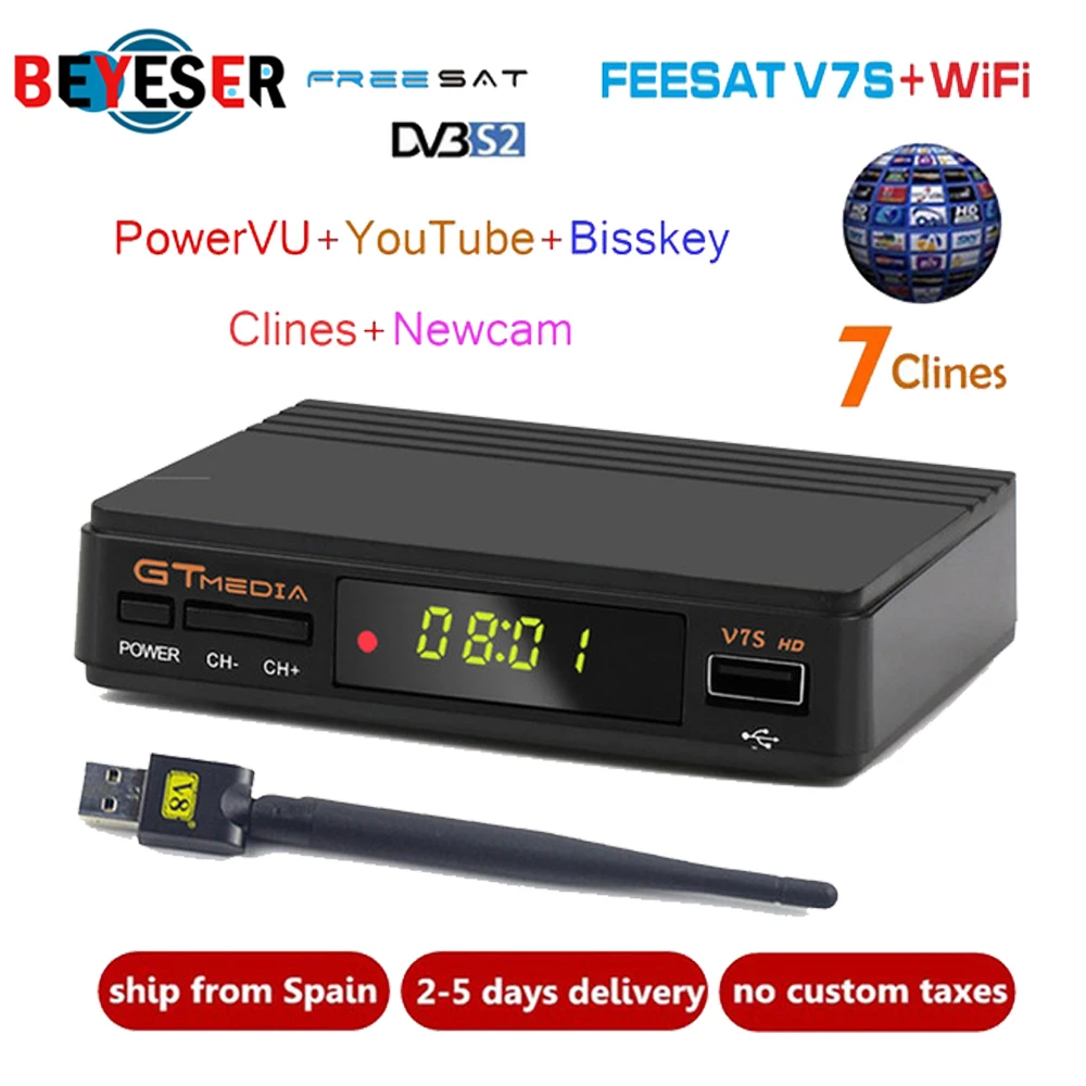 Hot sale Satellite TV Receiver Gtmedia V7S HD Receptor with 1 year Europe Cline for Spain DVB-S2 Satellite Decoder Freesat V7 HD