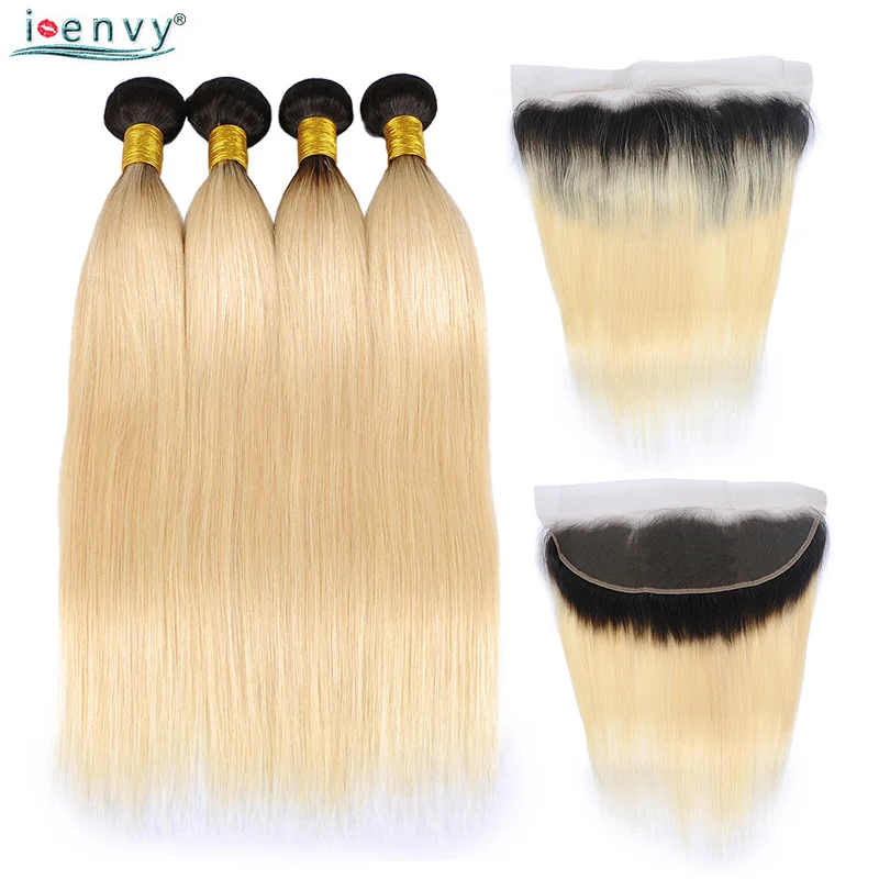 

613 Ombre Bundles With Frontal Closure Colored 1B 613 Straight Human Hair Bundles With Closure Honey Blonde Bundle 2Tone Nonremy