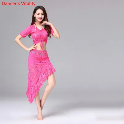 Кружевной Восточный набор костюма для танца живота Топы+ короткая юбка талия юбки для женщин индийский танец живота одежда танцора одежда - Цвет: Родо