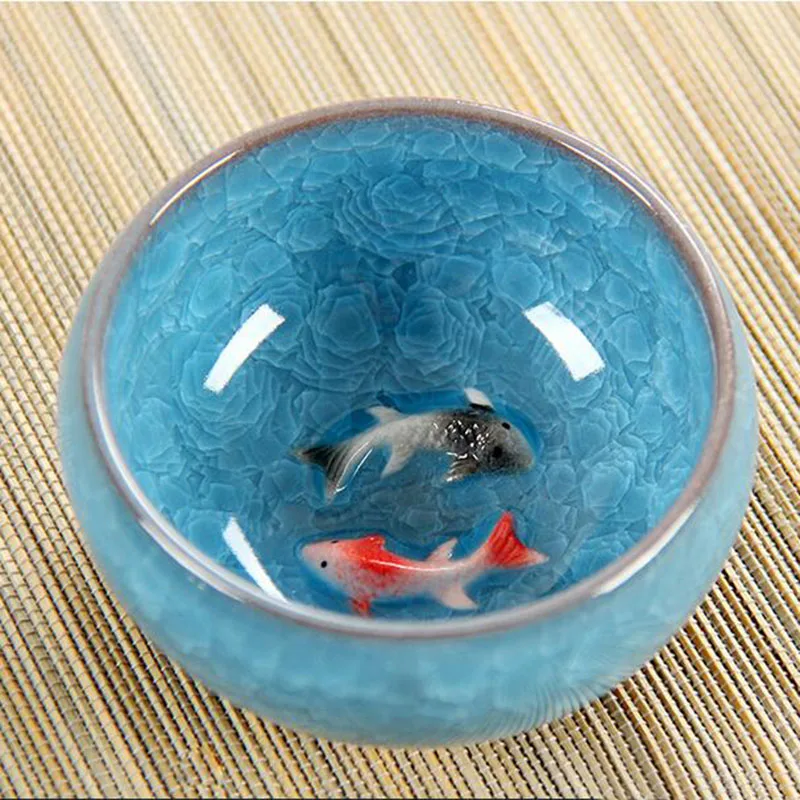 

Ice crack glaze ceramic kung fu tea set Anaglyph fish cup On single cup sample tea cup