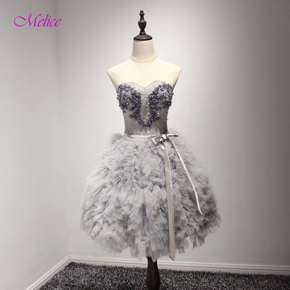 

Fmogl Romantic Strapless Lace Up Short Evening Dresses 2019 Luxury Sequined Beaded Prom Dress Formal Party Gown Vestido de Festa