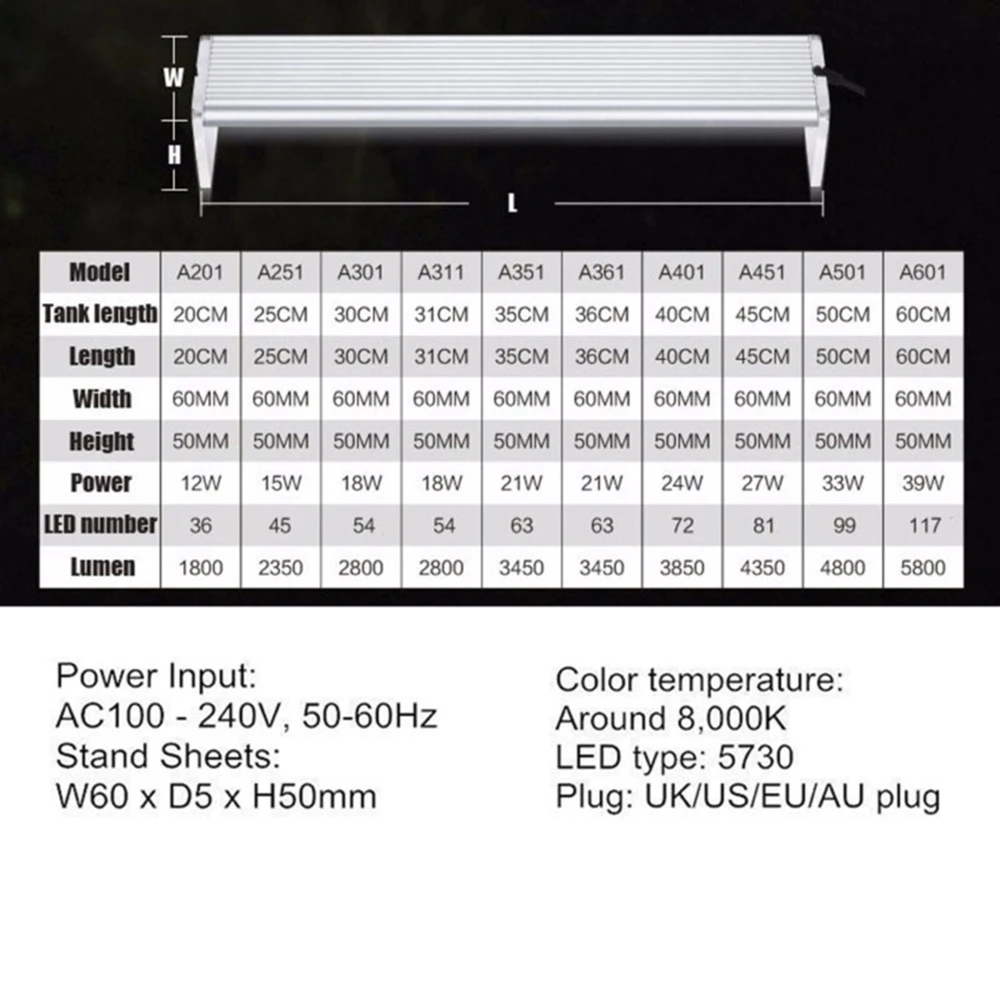 AC100~ 240 В светодиодный светильник для аквариума с крышкой, светильник для выращивания растений, для аквариума 5730 SMD 20-60 см 12-39 Вт, лампа с вилкой US/EU