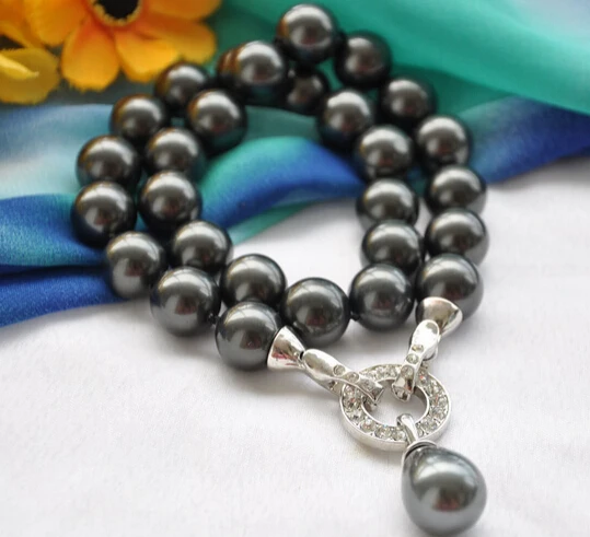 

ddh001759 14mm round black SHELL PEARL NECKLACE Drip pendant 17inch