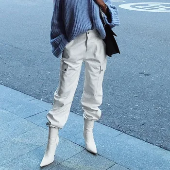 

Summer Women Cargo Pants Capris High Waist Casual Loose Joggers Baggy White Sweatpants Pockets 97% Cotton Female Boots Trousers