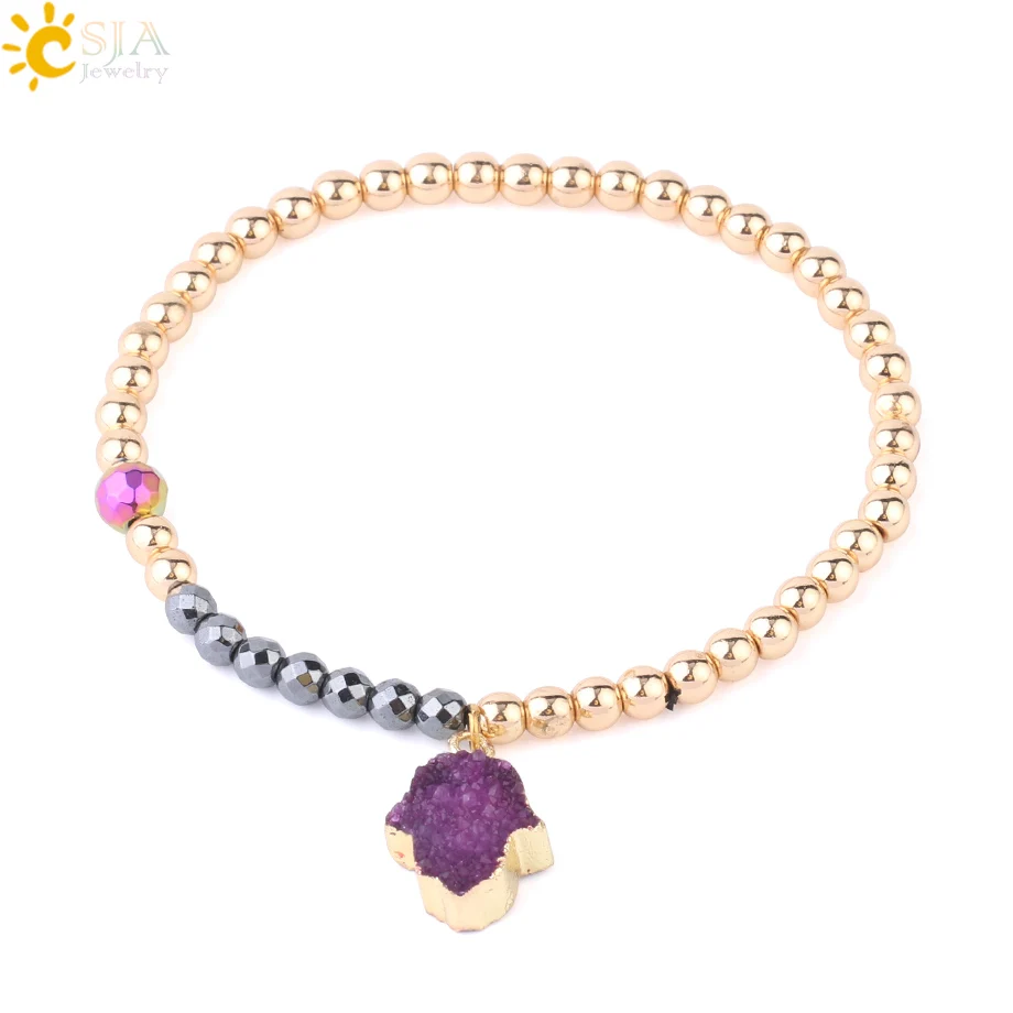 

CSJA 4mm Gold-color Bracelet Copper Chain Hematite Bracelets Druzy Bead Lucky Hamsa Hand Small Beads Charm Bangle for Women F621