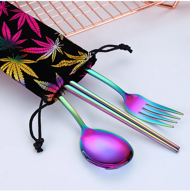 2019new Stainless Steel Cutlery Portable Cutlery Set Chopsticks Spoon Fork Reusable Straw and Portable Dinnerware Bag for Travel