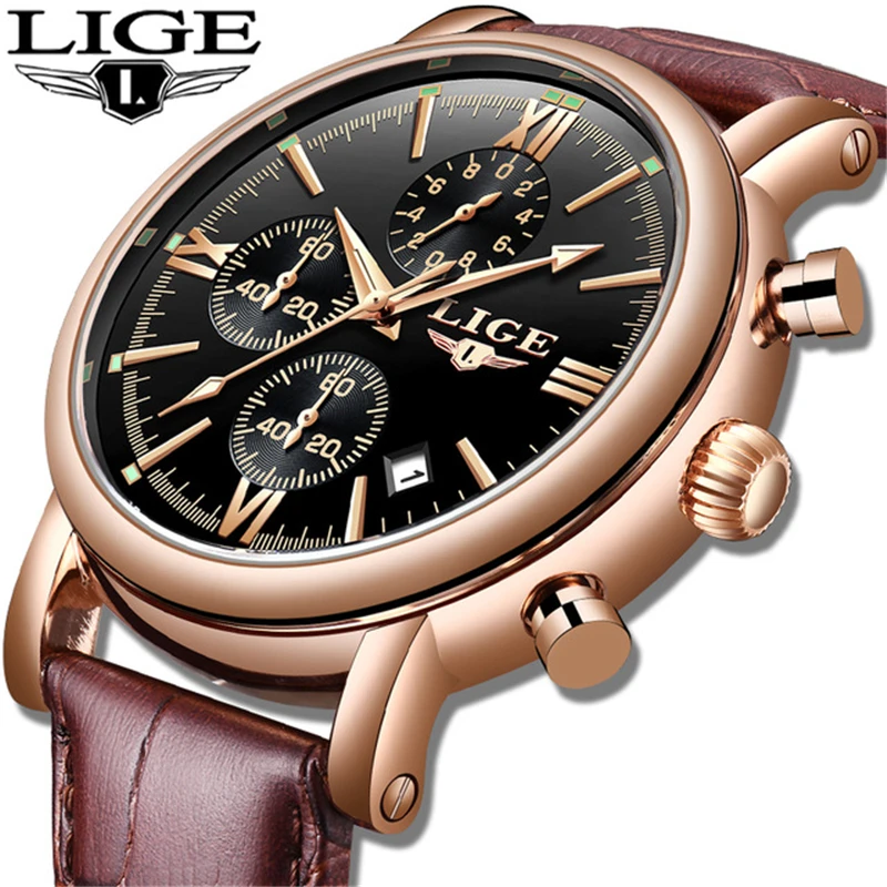 

Relogio Masculino LIGE Men Top Luxury Brand Military Sport Watch Men's Quartz Clock Male Leather Casual Business gold watches