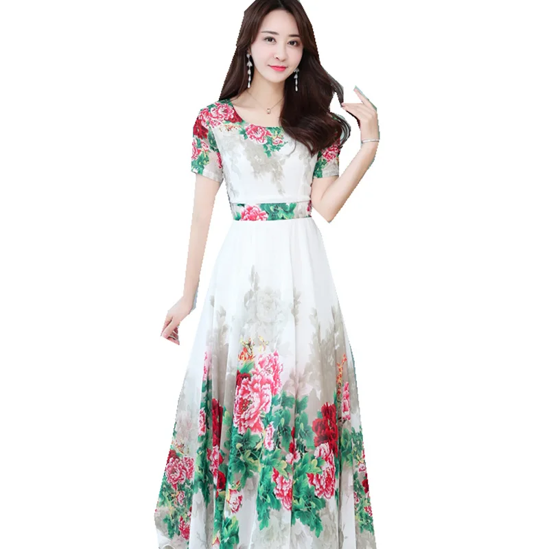 

Summer Fashion Women Korean Type Round Collar Short Sleeve Print Bohemian Slim Chiffon Dress