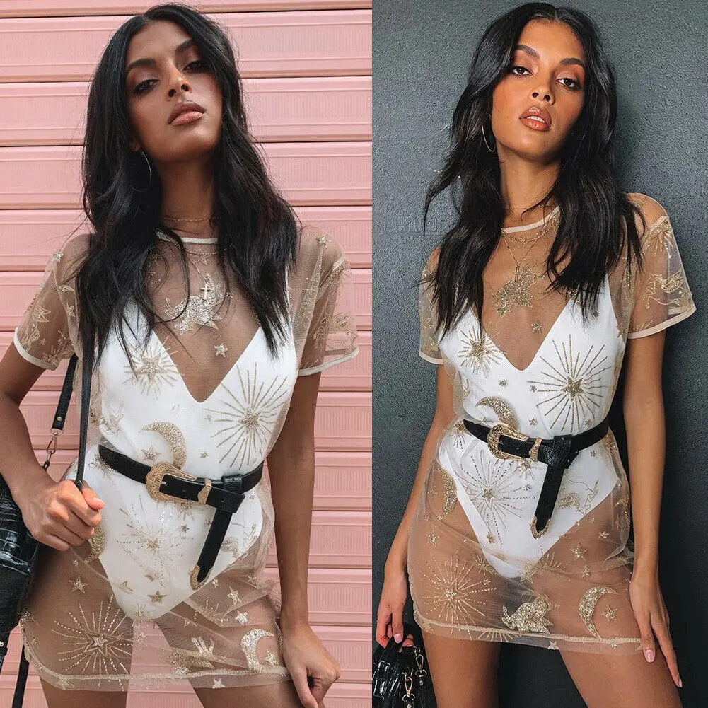 

2019 Fashion Sexy Women Bathing Suit Sequins Mesh Cover-Ups Sexy Lace Crochet Bikini Monokini Swim Cover Up Beach Dress New