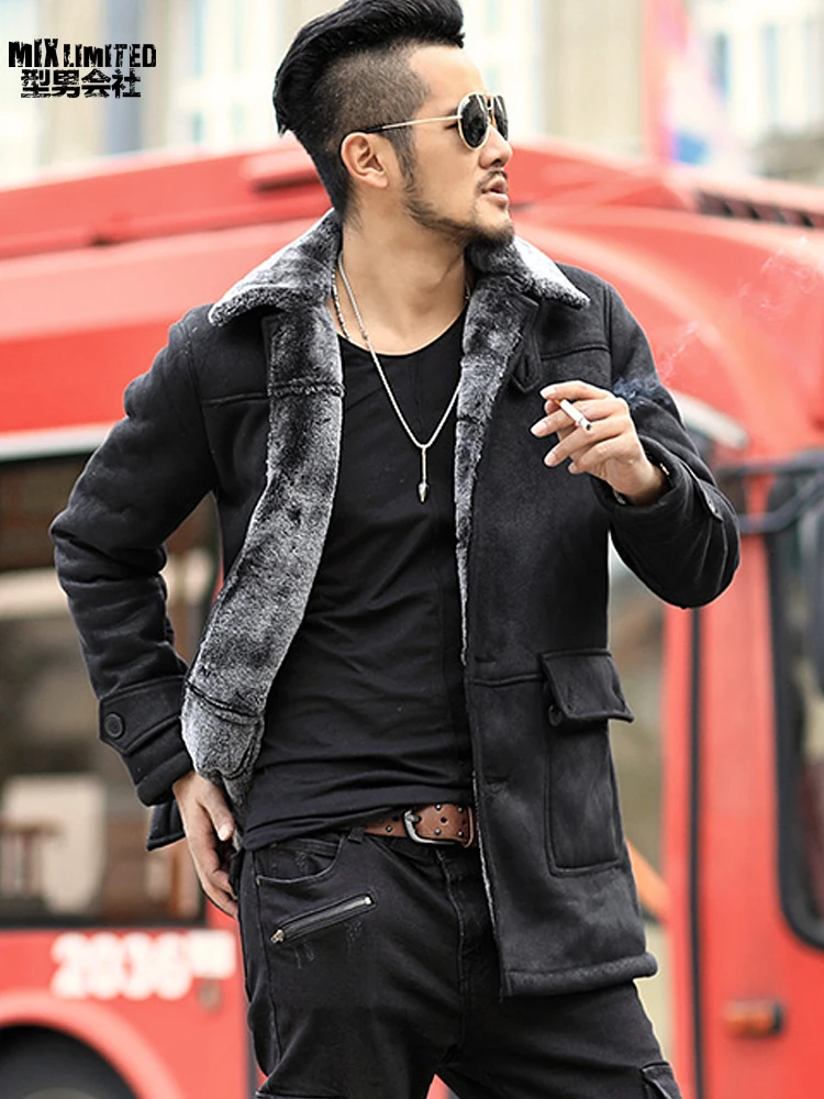 

Winter New warm wool fur Leather Garment Casual Faux fur coat & Jacket Men's brand Clothing light grey long Leather Jacket F2058