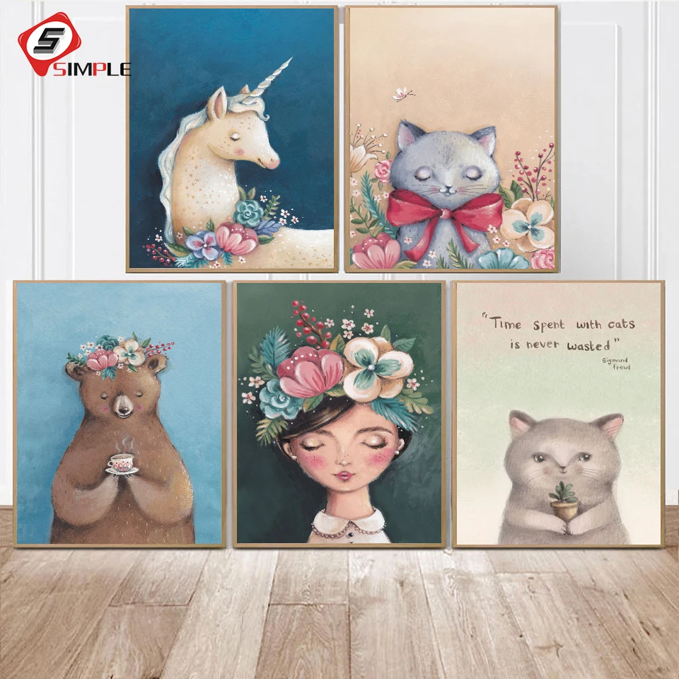 

Animals With Flowers Wall Art Poster Unicorn Bear Print Nordic Floral Girl Wall Picture for Kids Baby Girls Room Home Decoration
