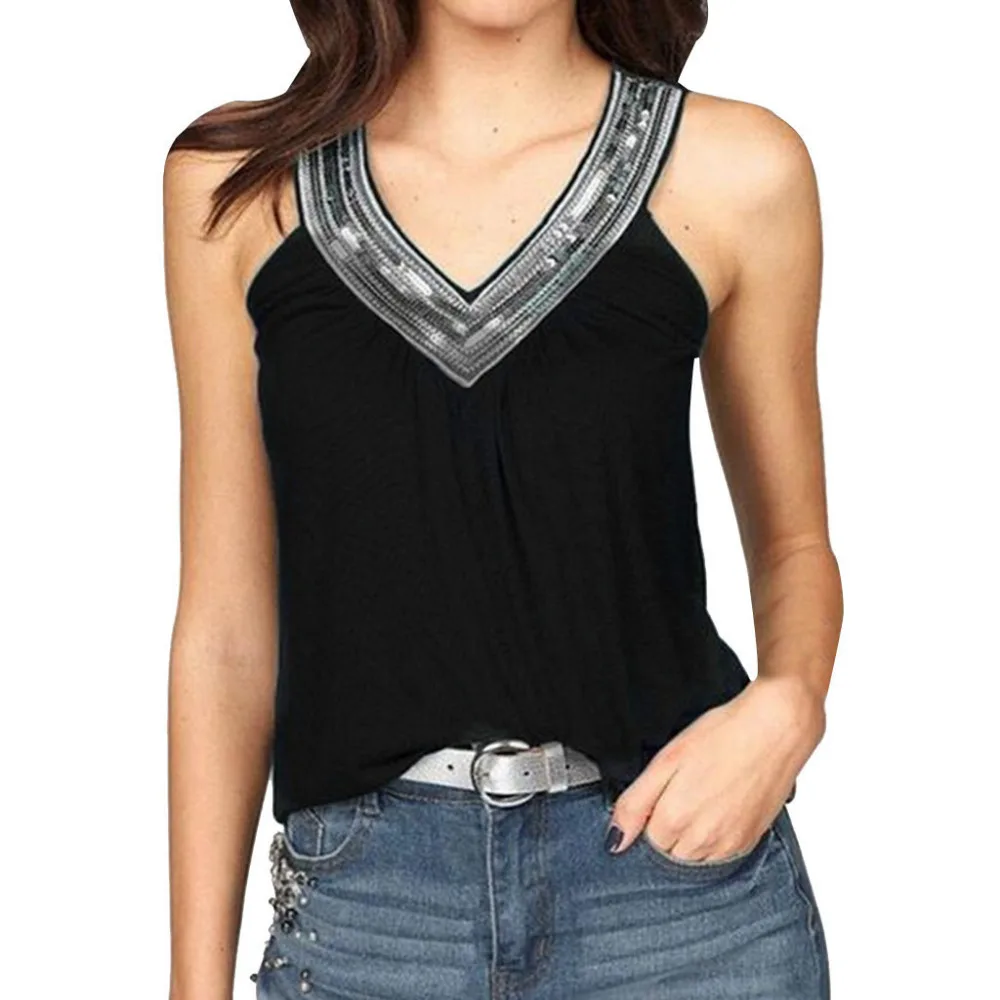 2019 Women's v-neck plus size sexy tops and blouses sleeveless loose beach tops and blouses summer et chemisiers femme  40J12 (2)