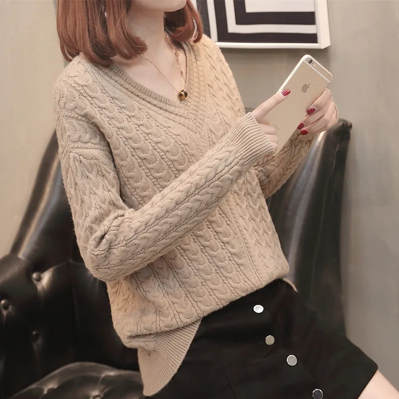 

Spring Autumn New Women Sweater Knit V-neck Short Wild Twist Loose Pullover Leisure Comfort Solid color Sweaters Female Xy501