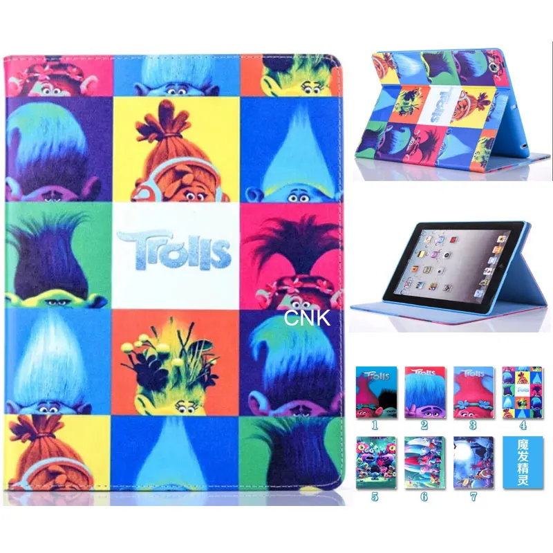 

2017 Trolls Poppy Case For Apple iPad 2 3 4 TPU PU Leather PC Branch Elves Biggie Stand Floder Flip Tablet Case Cover Magic