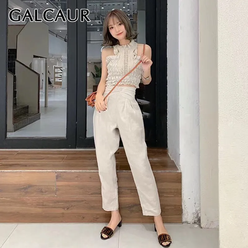 

GALCAUR Summer Solid Two Piece Set For Women Sleeveless Halter Tunic Tops High Waist Ankle Length Pants Female Suit Fashion