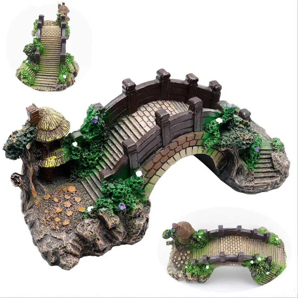 

1pc Vintage Bridge Fish Tank Home Decorations Landscape Aquarium Decor Pavilion Tree Plants Resin Design Aquatic Pet Supplies