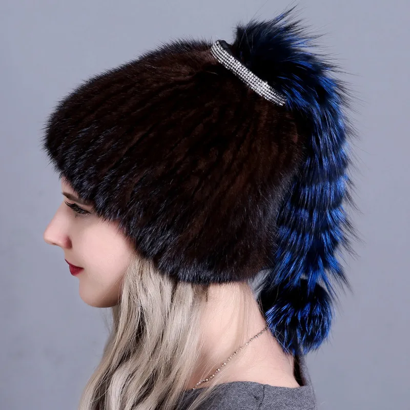 Новинка; модный стиль шляпа натуральным норки шляпа с Fox волос сшитые на хлопчатобумажную ткань, чтобы сформировать хвост с лисий мех мяч - Цвет: color5