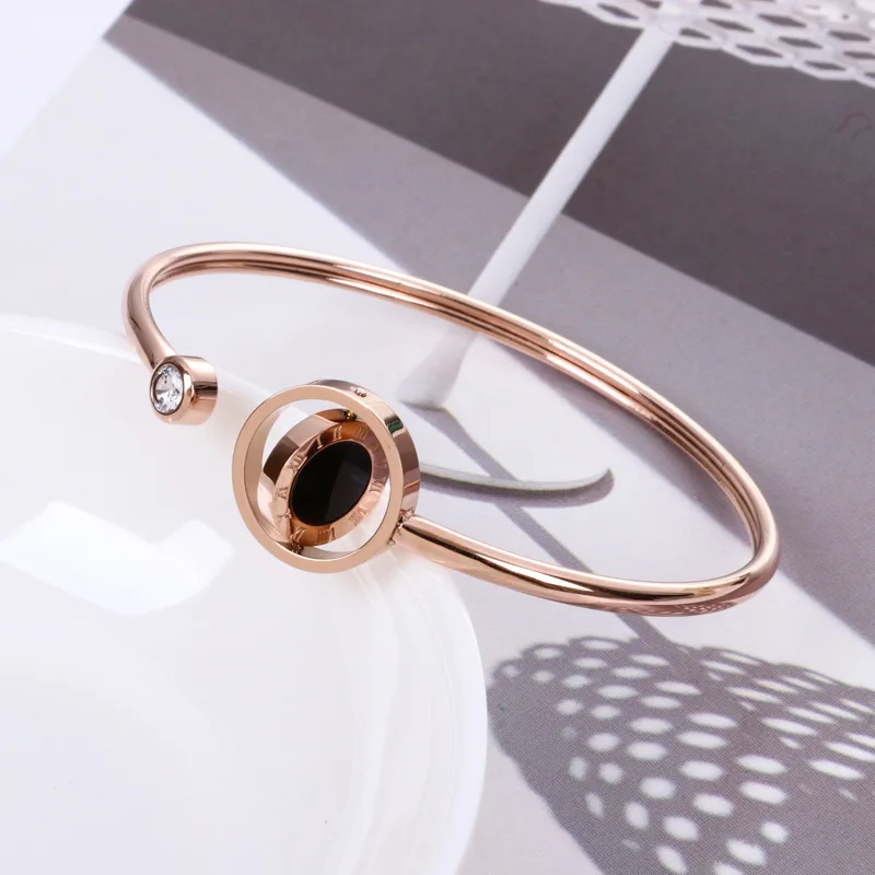 

Titanium Steel 2 Surfaces Black & white with Ruman Numerals Openning Bangle Gift Jewelry Rose gold color cuff Rotate Bracelet