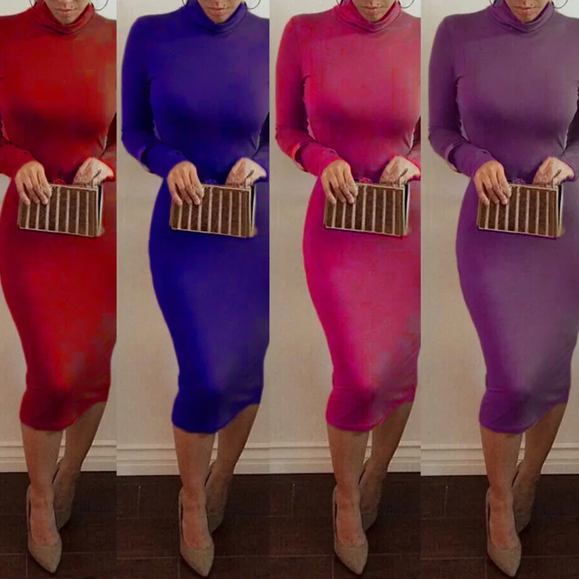 

Women's Bodycon Midi Dress Long Sleeved Autumn Dress Stylish Clubwear Hot Sexy Dress Seven Colors Available Size S M L