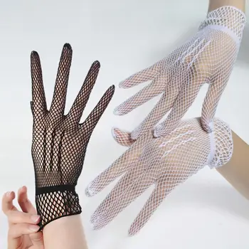 

Women Hollow Out Fishnet Full Fingered Gloves Wrist Length Elastic Solid Color Sunscreen Mittens Party Costume