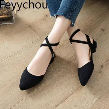 

Women's Sandals Low Heel Pointed Toe Buckle Summer Spring Thick Heel 2019 Fashion New Sexy Sweet Office Black Beige Size 34-43