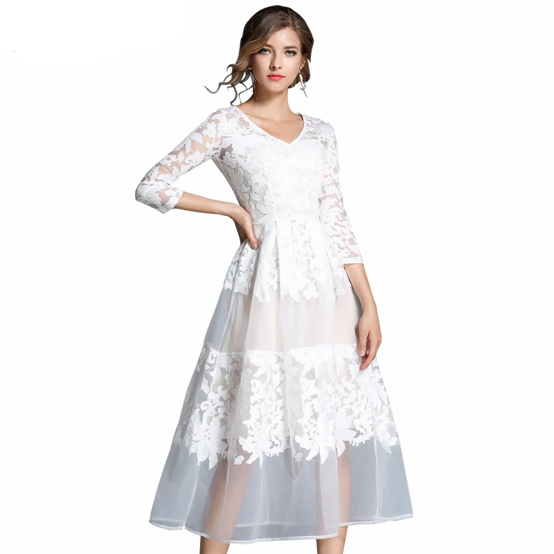 Autumn Embroidery Mesh Women Dress 3/4 Sleeve V-neck Work Casual Party Slim Sexy White Long Dresses Vintage Vestidos long-white-lace-dress