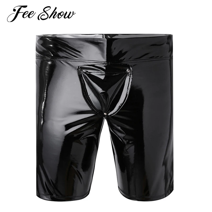 

Black Men's Lingerie Shiny Patent Leather Short Pants Metallic Tight Leg Boxer Shorts Slim Fit Soft Shorts with Buckled Pouch