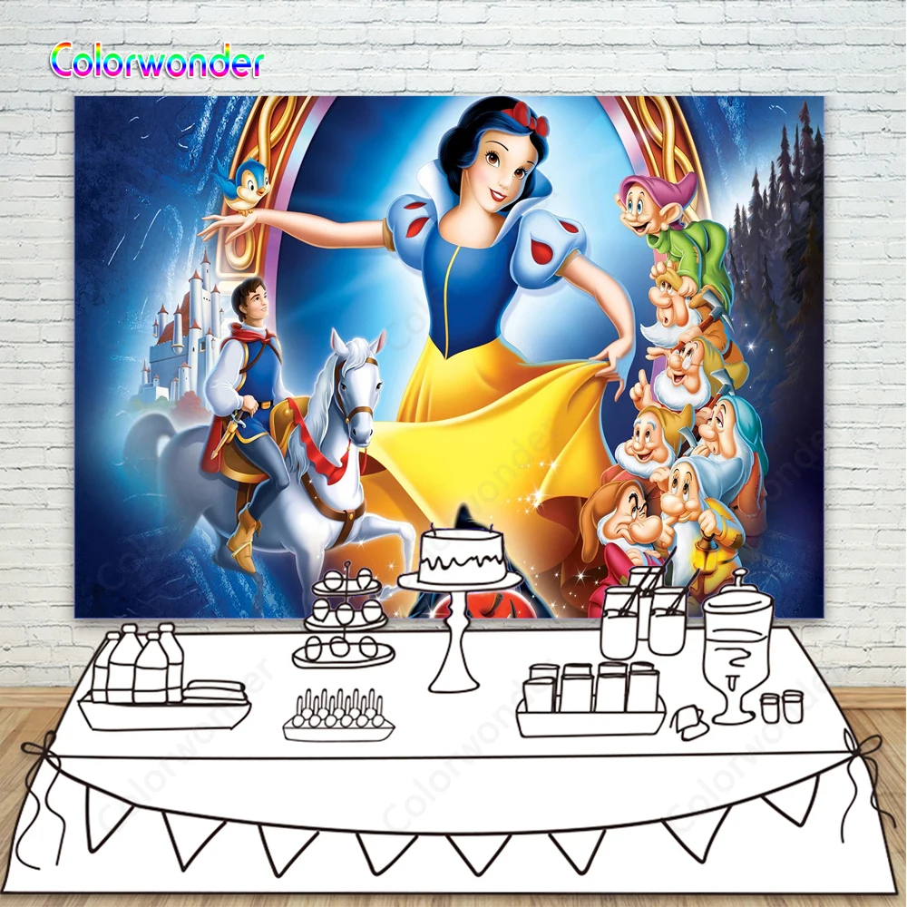 

Snow White and Seven Dwarfs Photo Background Fairy Tale Castle Prince White Horse Photographic Backdrop for Girls Birthday Deco