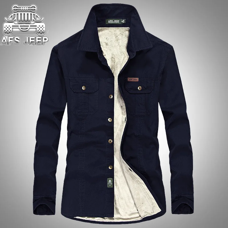 

AFS JEEP Big Size M-6XL Fall Winter Warm Mens Casual Shirts Thick With Velvet Brand Clothing For Man's Clothes Male Slim Tops