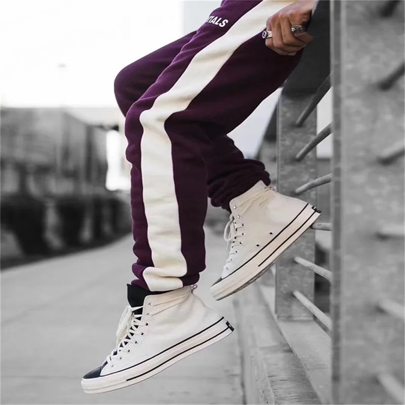 

2019 Spring Autumn Elastic Casual Sweatpants Pants Mens Streetwear Side Stripe Drawstring Trousers Color Block Pant 30-36