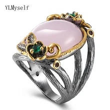 Grand anneau en pierre ovale rose, pistolet noir + or, 2 couleurs, fleur tendance, bijoux pour femmes, qualité supérieure, livraison rapide, bon paquet