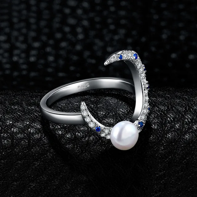 JewelryPalace Created Blue Sapphire Half Moon Crescent Pearl Cubic Zirconia Promise Ring 925 Sterling Silver Anniversary Jewelry