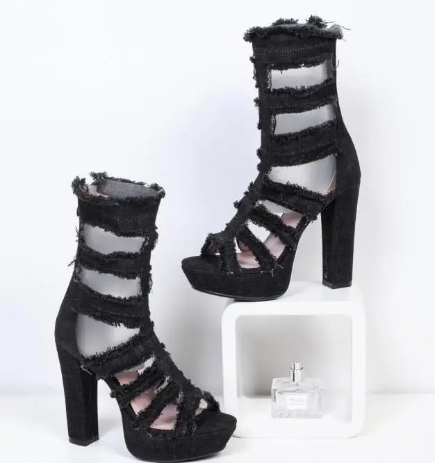 

Carpaton Summer Sexy Thick Heels Sandal Boots for Woman Denim Blue Open Toe Cutouts Gladiator Sandals Punk Style Woman Shoes