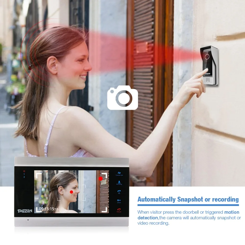 Tmezon Wired Video Door Phone System One 7" Color Monitor One 1200TVL Outdoor Doorbell Camera Waterproof Auto- IR Night Vision