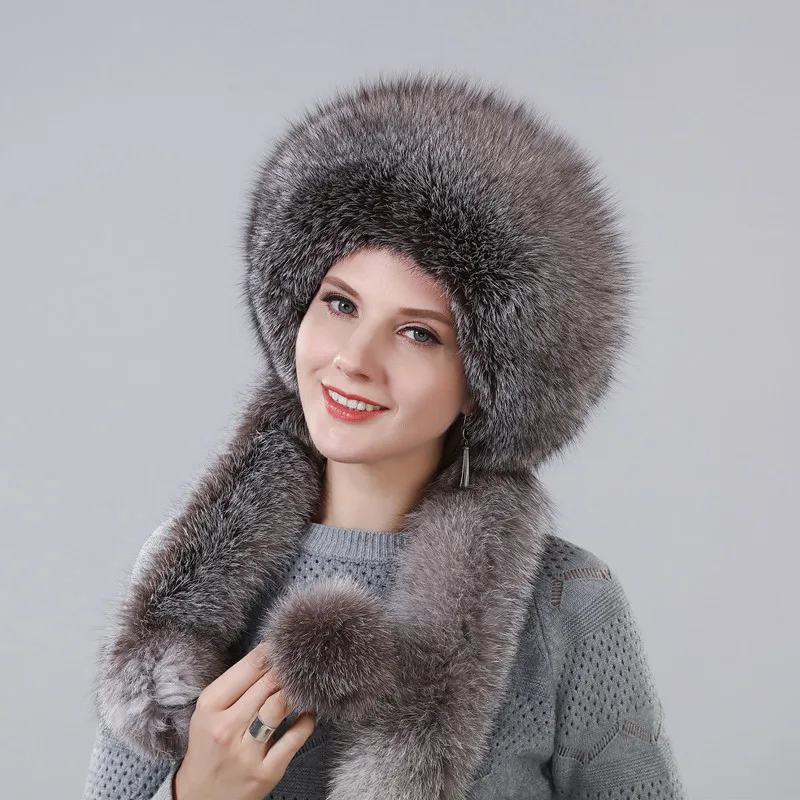 Sombrero de invierno de mujer con piel de zorro Natural Real longitud Extra se puede utilizar como bufanda con colgante cadena en las tapas traseras - 1