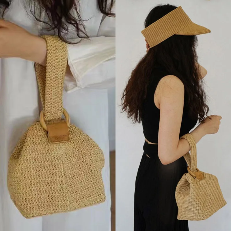 

2019 New Fashion Ladies Handbag Simple Straw Weaved Bag with Round Buckle for Shopping WML99