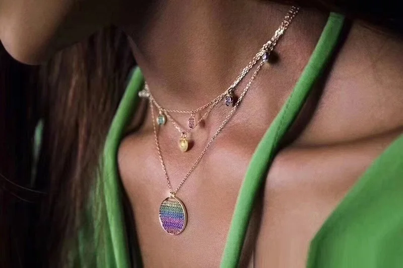 

XF Hot Double Layers Round Chain Necklace Rainbow Color Zircon GINGER Copper Round Vintage Women Wedding Jewelry