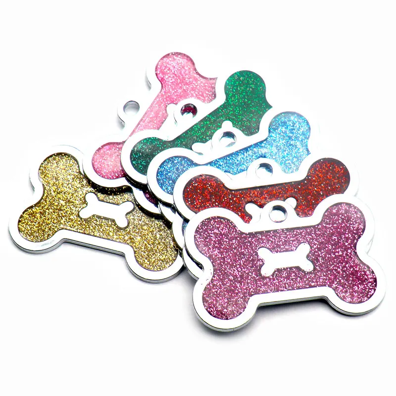 

Wholesale 100Pcs Glitter Personalized Dog ID Tag Customized Bone Shape Name Tag Plate Pet Shop Dog Accessories Collar Decoration