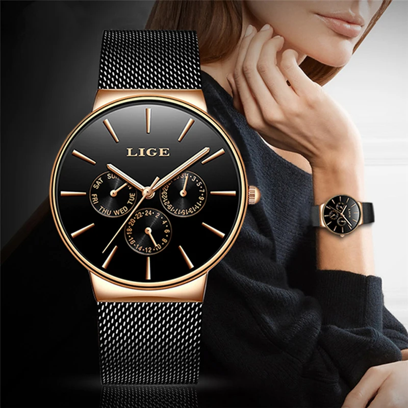 

2019 Watches Women Super Slim Mesh Stainless Steel LIGE Top Brand Luxury Casual Quartz Clock Ladies WristWatch Relogio Feminino