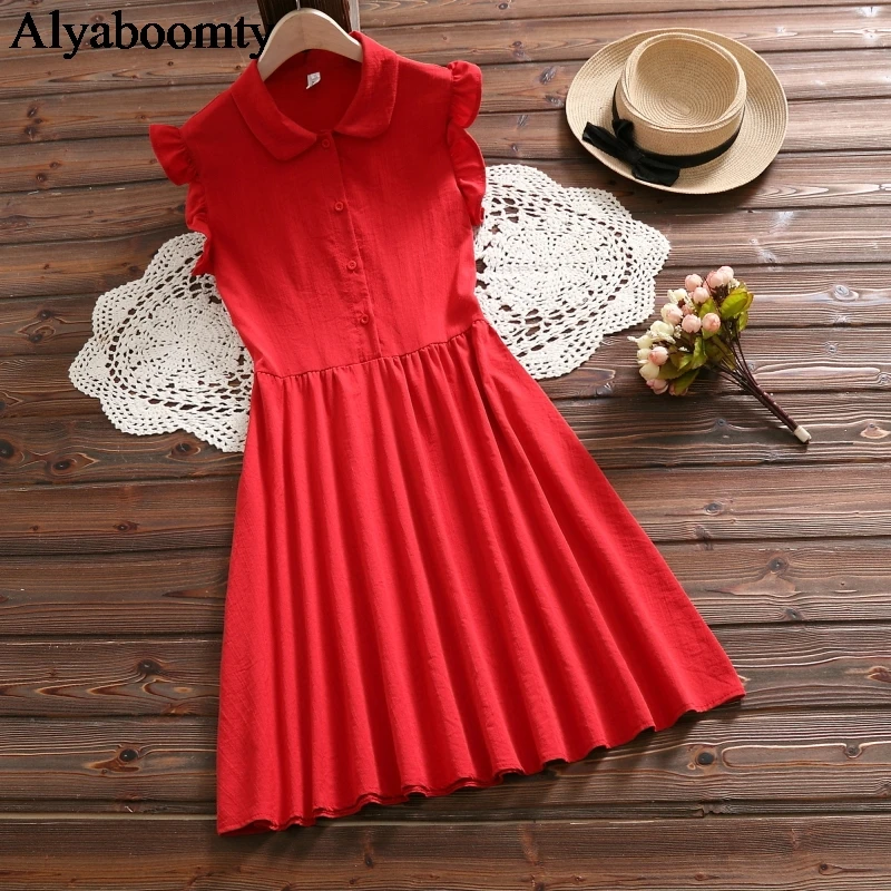 

Japanese Mori Girl Summer Women Red Dress Peter Pan Collar Casual Loose Female Robe Short Sleeve Cotton Linen Cute Preppy Dress