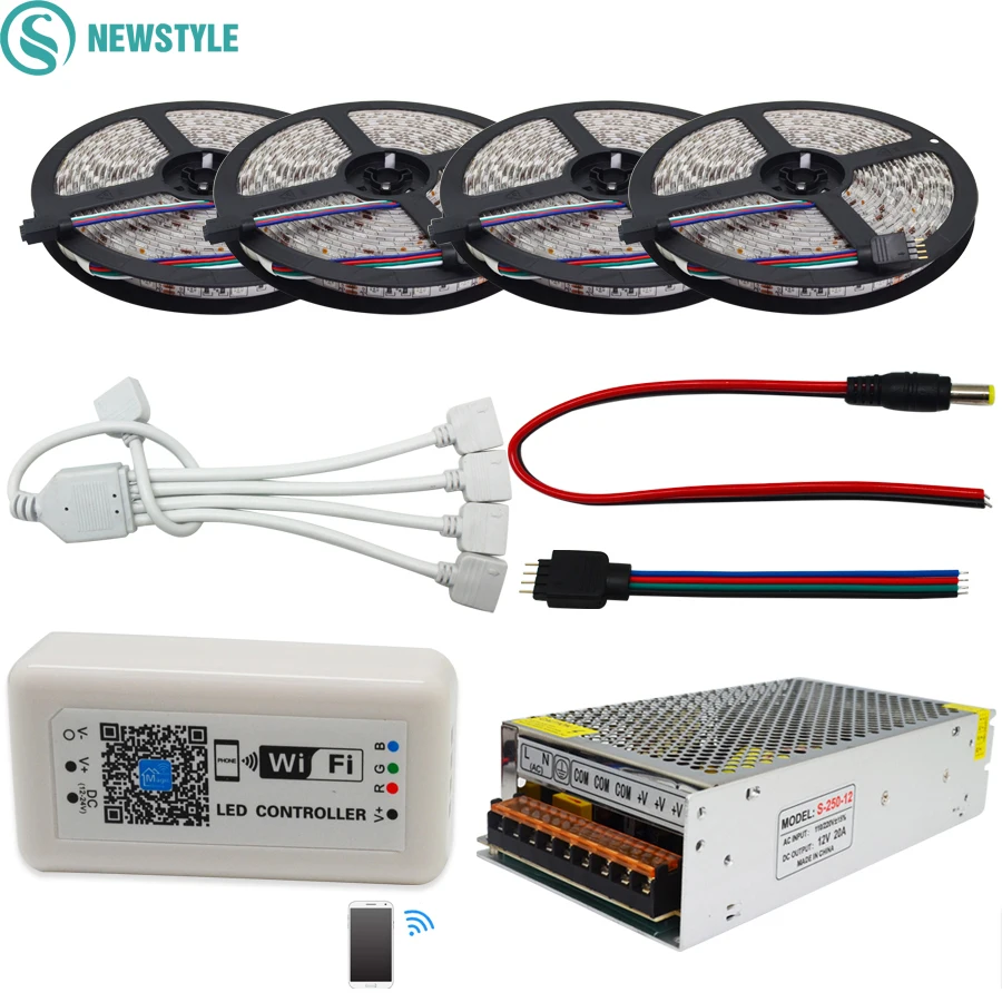 DC12V 5050 RGB LED Strip Light Waterproof 60led/m Diode Flexible Tape 10m 15m 20m + Smart Wifi Led Controller + Power Supply DC12V 5050 RGB LED Strip Light Waterproof 60led/m Diode Flexible Tape 10m 15m 20m + Smart Wifi Led Controller + Power Supply