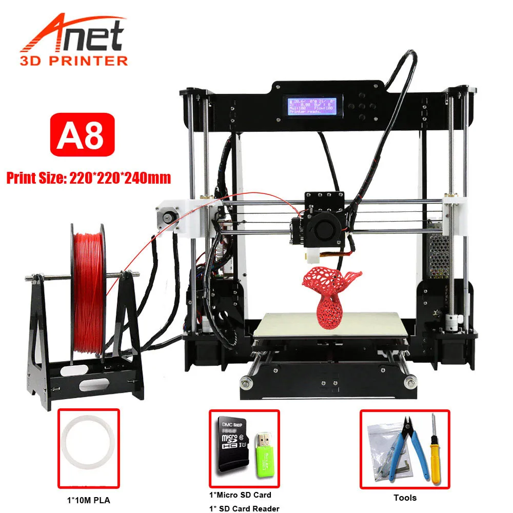 cheap Hot Selling Anet A8 3D Printer Print Size 220*220*240mm Offline Printing Cura DIY Kit With 8GB Micro SD Card Reader USB