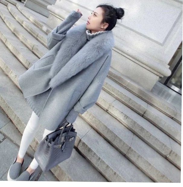 Осенне-зимняя Женская Длинная шерстяная куртка новая мода Свободный плотный теплый меховой воротник кардиган шерстяное пальто размера плюс пальто а454