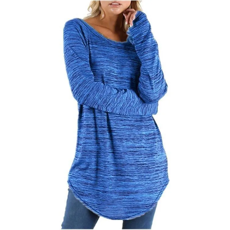 Новая мода Большой размер Женская однотонная свободная футболка с круглым вырезом и длинными рукавами большой размер Женская clothing-x001 - Цвет: Синий