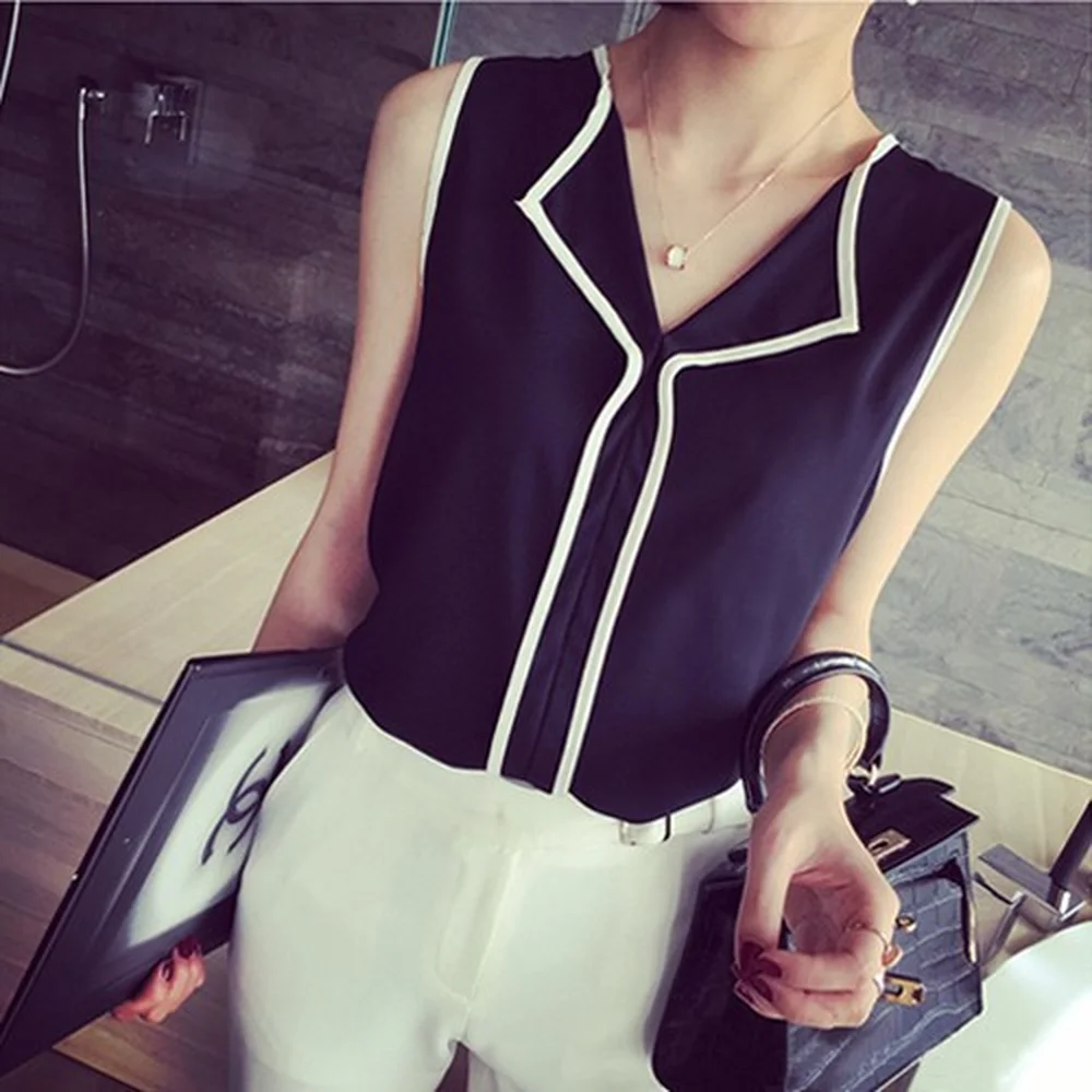 

Summer New Women Loose European American V Collar Sleeveless Shirt Blouse Thin