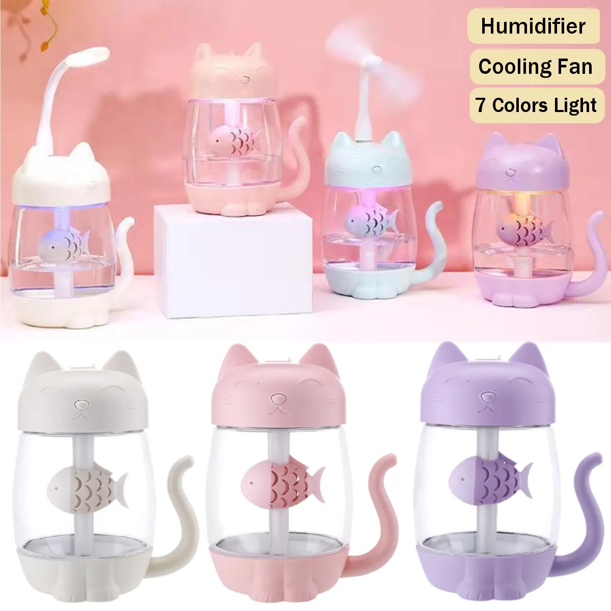 3 in 1 350ML USB Cat Air Humidifier Ultrasonic Cool-Mist Adorable Mini Humidifier With LED Light Mini USB Fan for Home office
