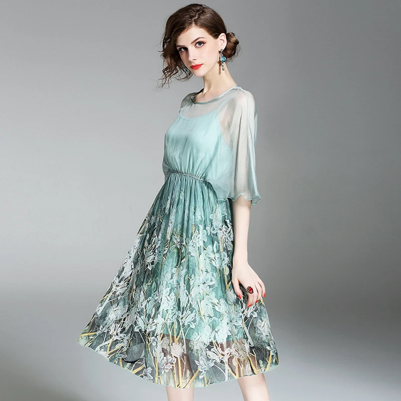 100 Silk Dress Elegant Design Print Loose Half Batwing Sleeves Elastic