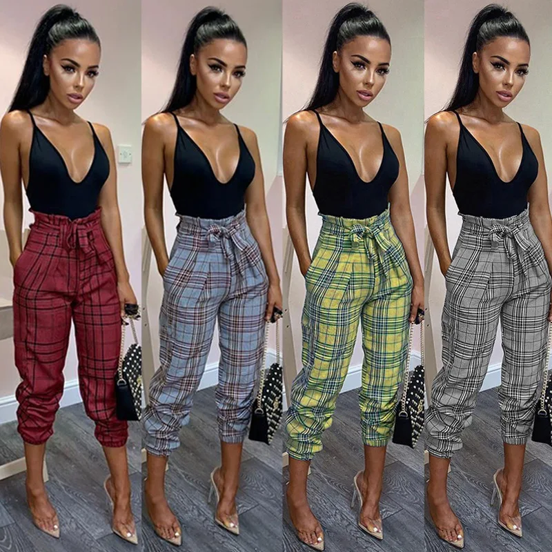 

Streetwear High Waist Checkered Pants Fashion Pocket Plaid Belts Lace Up Slim Pants Trousers Plus Size Pantalon Femme Harajuku