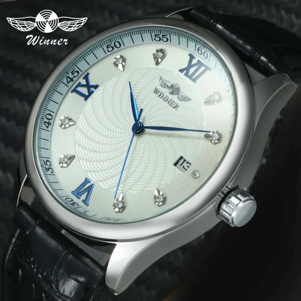 

WINNER Official Brand Luxury Iced Out Watch Automatic Mechanical Watches for Men Leather Strap Calendar Classic Dress Wristwatch