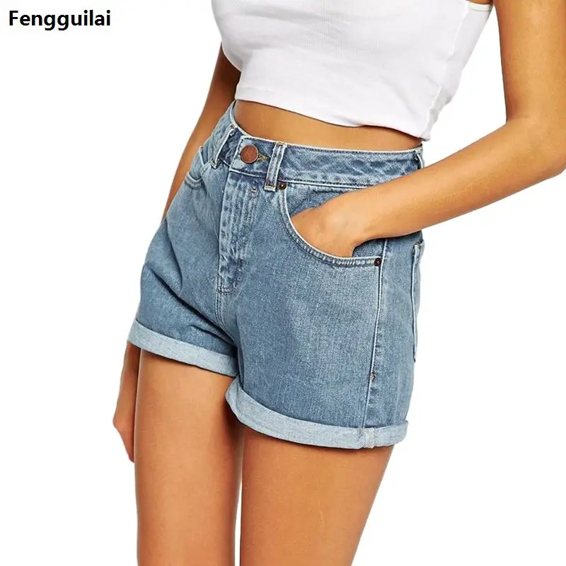 

Europe Blue Crimping Denim Shorts For Women 2018 Summer New Brand Trendy Slim Casual Plus Size Womens High Waist Shorts